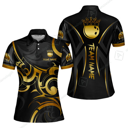Customized Bowling Team Women Polo Shirt, Bowling Swirling Fire Flames Gold And Black Style Polo Shirt For Bowlers