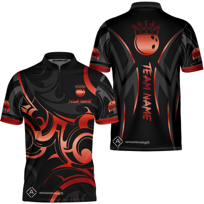 Customized Bowling Jersey, Bowling Swirling Fire Flames Gold And Black Style Stand Collar Quarter-Zip Shirt For Bowlers