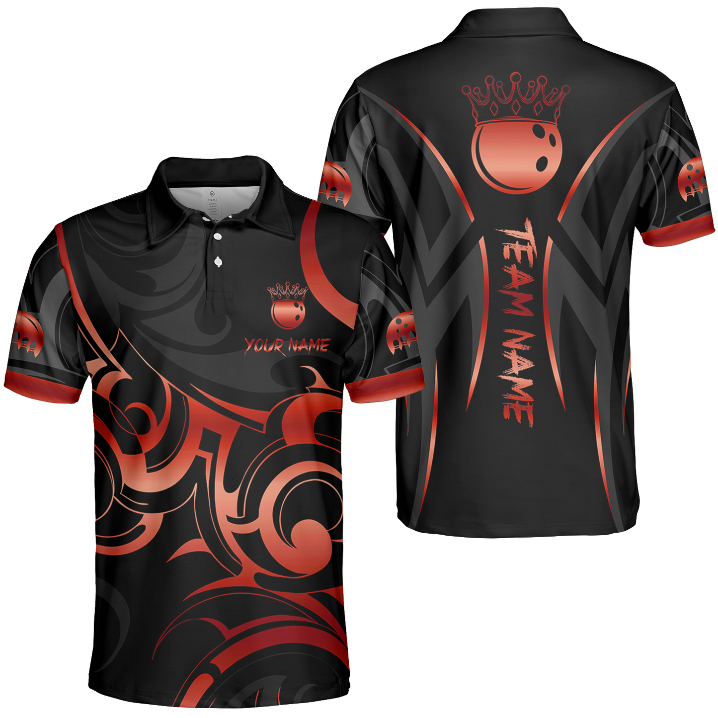 Customized Bowling Polo Shirt, Bowling Swirling Fire Flames Gold And Black Style Polo Shirt For Bowlers, Bowling Team