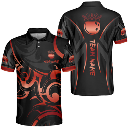 Customized Bowling Polo Shirt, Bowling Swirling Fire Flames Gold And Black Style Polo Shirt For Bowlers, Bowling Team