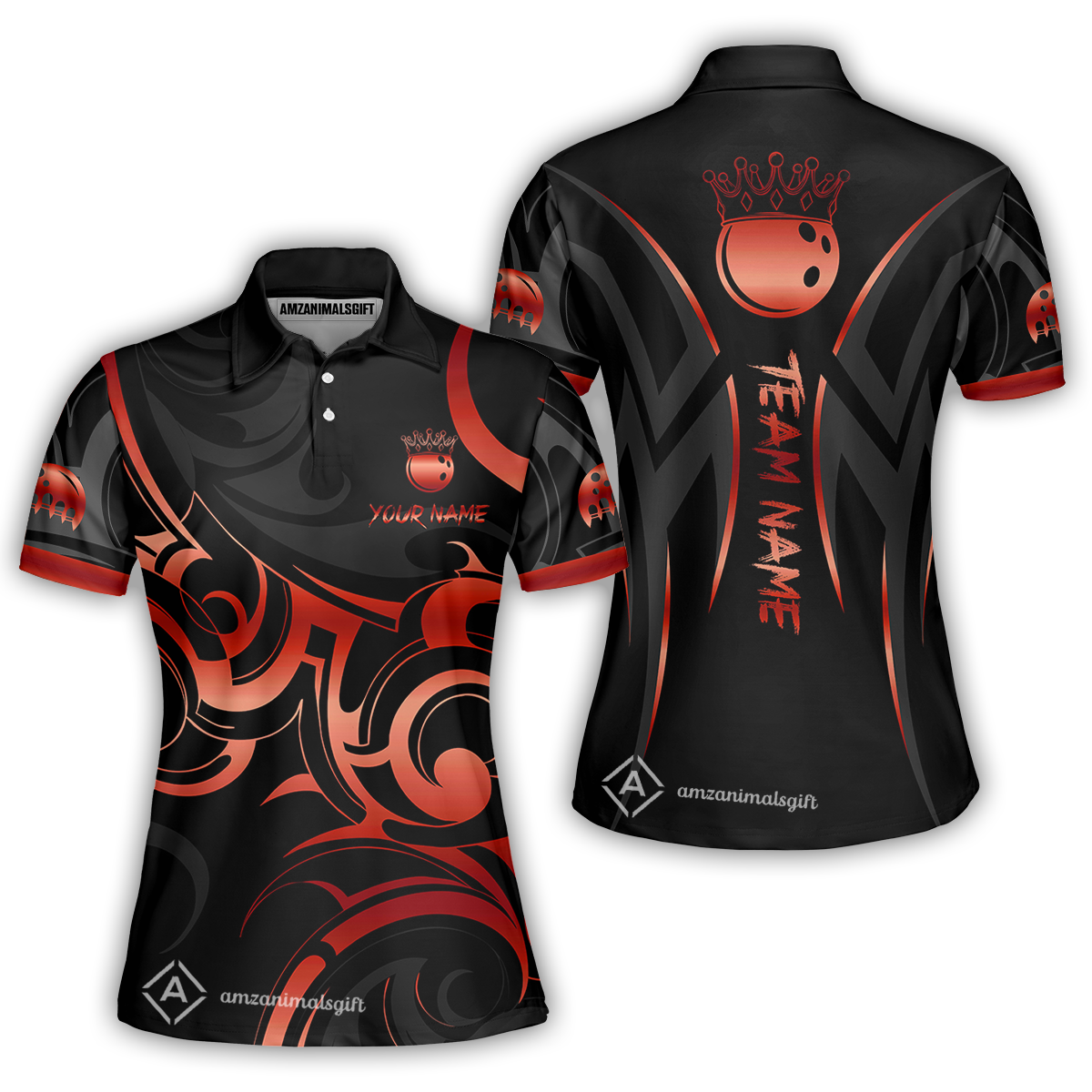 Customized Bowling Team Women Polo Shirt, Bowling Swirling Fire Flames Gold And Black Style Polo Shirt For Bowlers