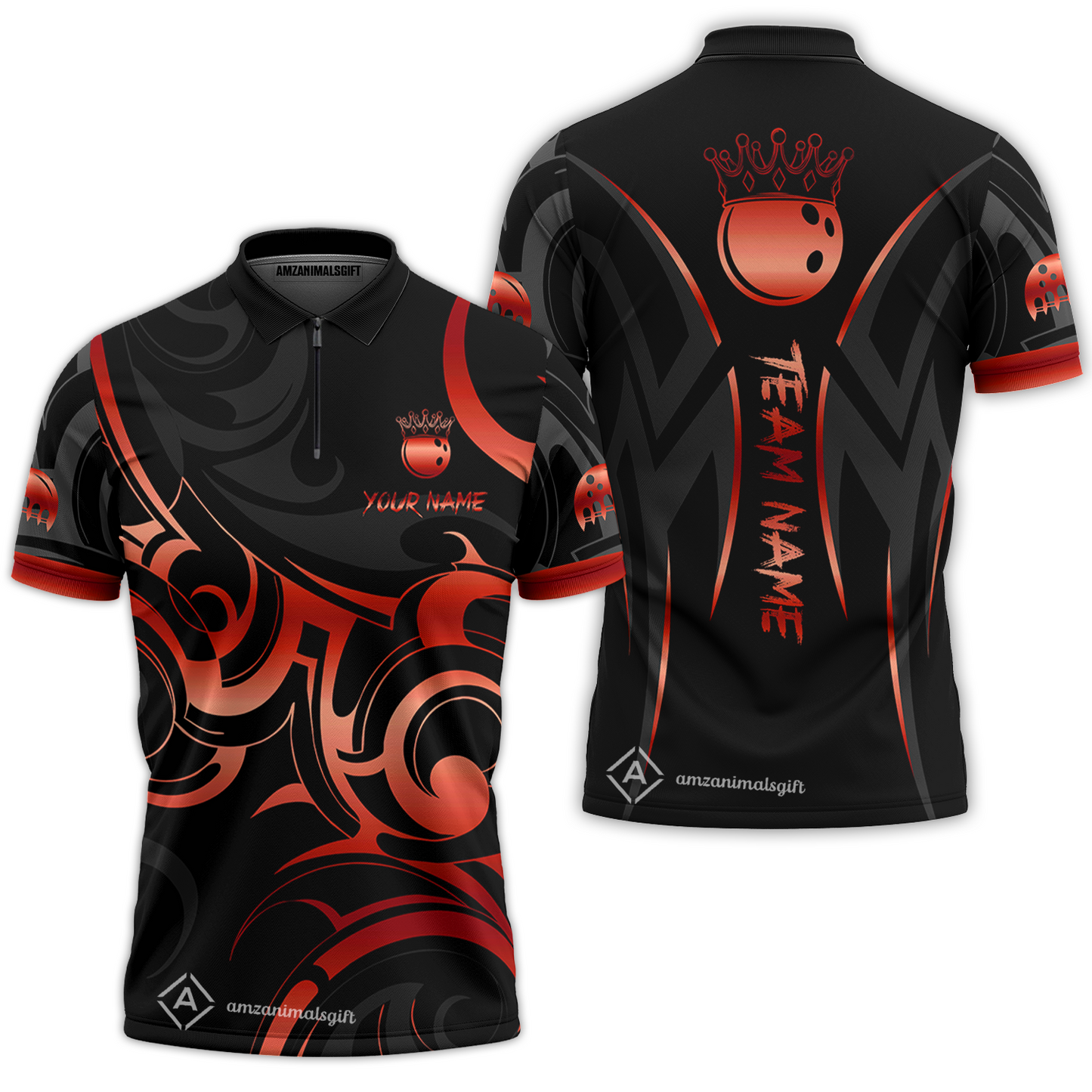 Customized Bowling Team Quarter-Zip Polo Shirt, Bowling Swirling Fire Flames Gold And Black Style Zip Polo Shirt