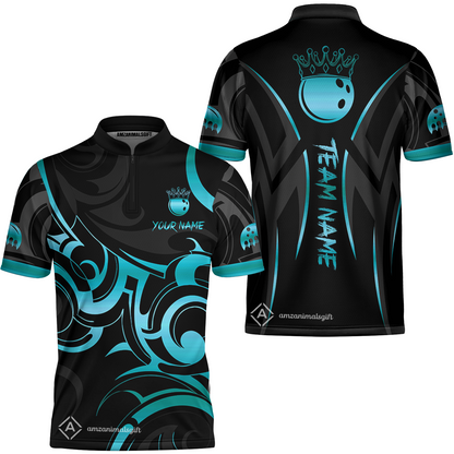 Customized Bowling Jersey, Bowling Swirling Fire Flames Gold And Black Style Stand Collar Quarter-Zip Shirt For Bowlers