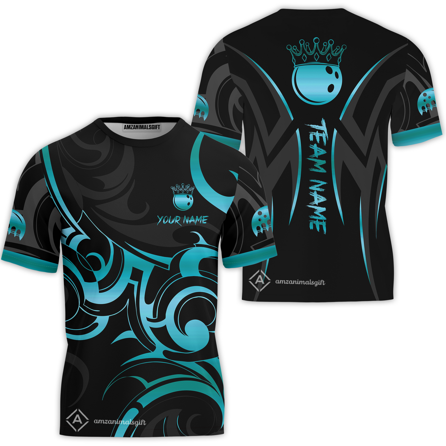 Customized Bowling Team T-Shirt, Bowling Swirling Fire Flames Gold And Black Style T-Shirt For Bowlers