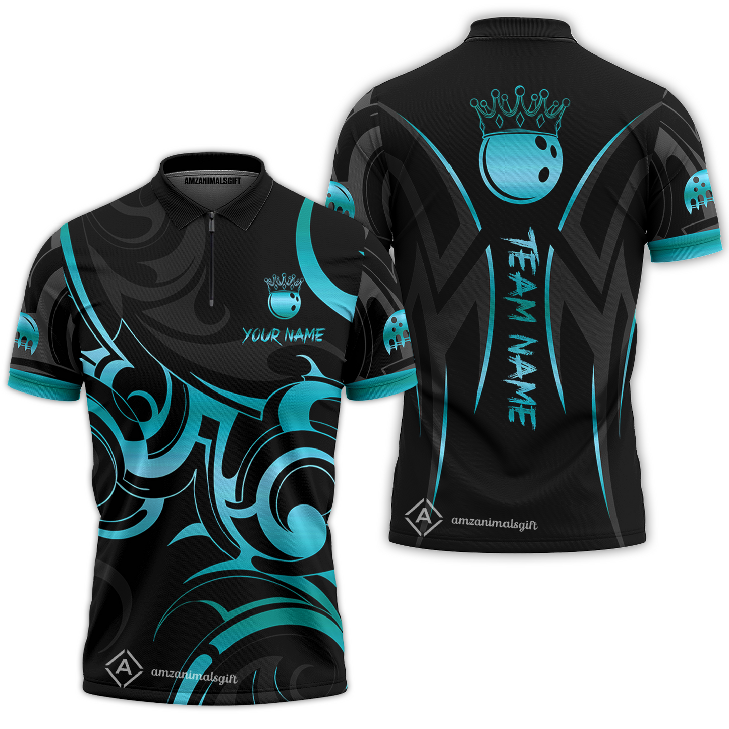 Customized Bowling Team Quarter-Zip Polo Shirt, Bowling Swirling Fire Flames Gold And Black Style Zip Polo Shirt