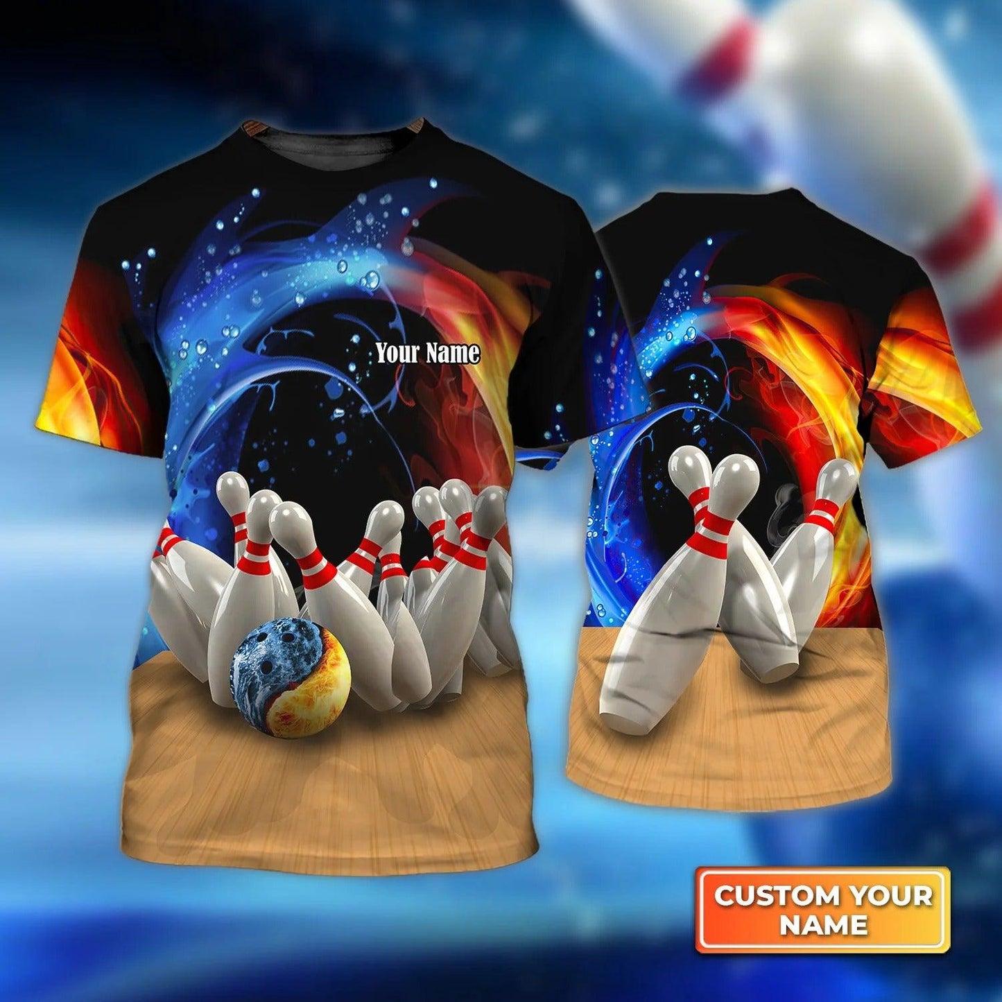 Bowling T shirt Custom Name - Bowling Game Strike Water and Fire Personalized T-shirt - Gift For Friend, Family, Bowling Lovers - Amzanimalsgift