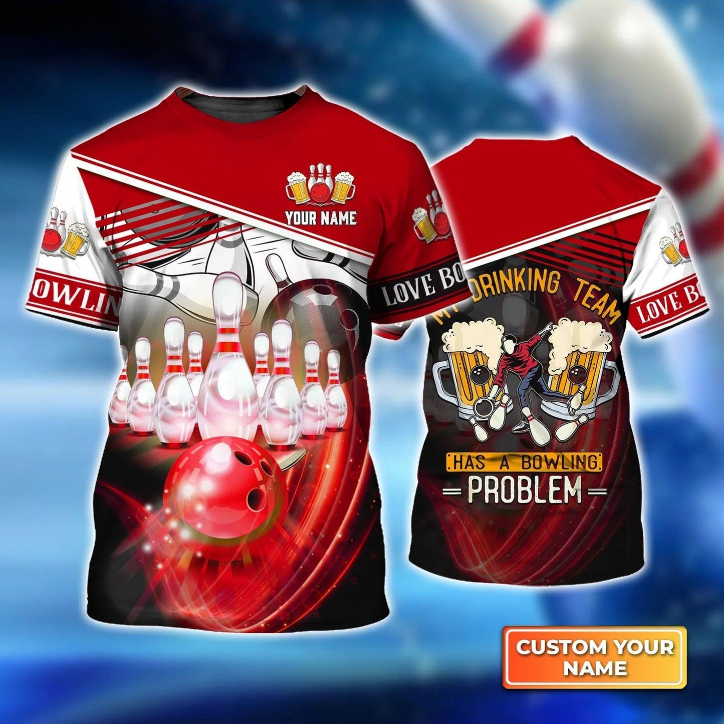 Bowling T shirt Custom Name - Drinking Team Red Bowling Ball Crashing Into Pins Personalized T-shirt - Gift For Friend, Family, Bowling Lovers - Amzanimalsgift