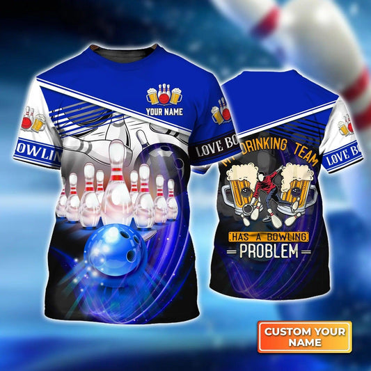 Bowling T shirt Custom Name - My Drinking Team Blue Bowling Ball Crashing Into Pins Personalized T-shirt - Gift For Friend, Family, Bowling Lovers - Amzanimalsgift