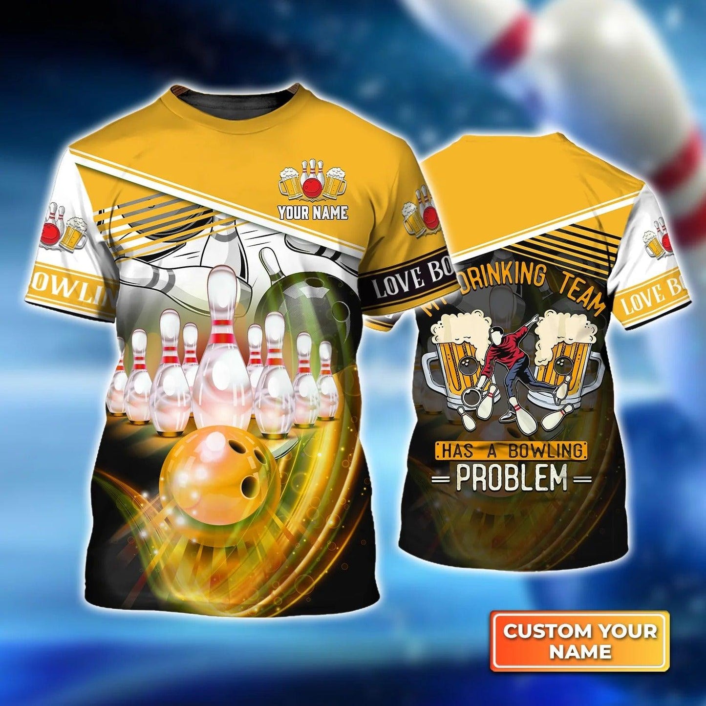 Bowling T shirt Custom Name - My Drinking Team Yellow Bowling Ball Crashing Into Pins Personalized T-shirt - Gift For Friend, Family, Bowling Lovers - Amzanimalsgift