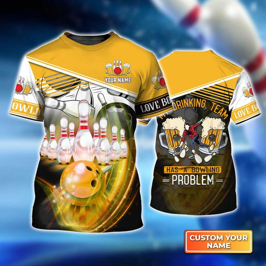 Bowling T shirt Custom Name - My Drinking Team Yellow Bowling Ball Crashing Into Pins Personalized T-shirt - Gift For Friend, Family, Bowling Lovers - Amzanimalsgift
