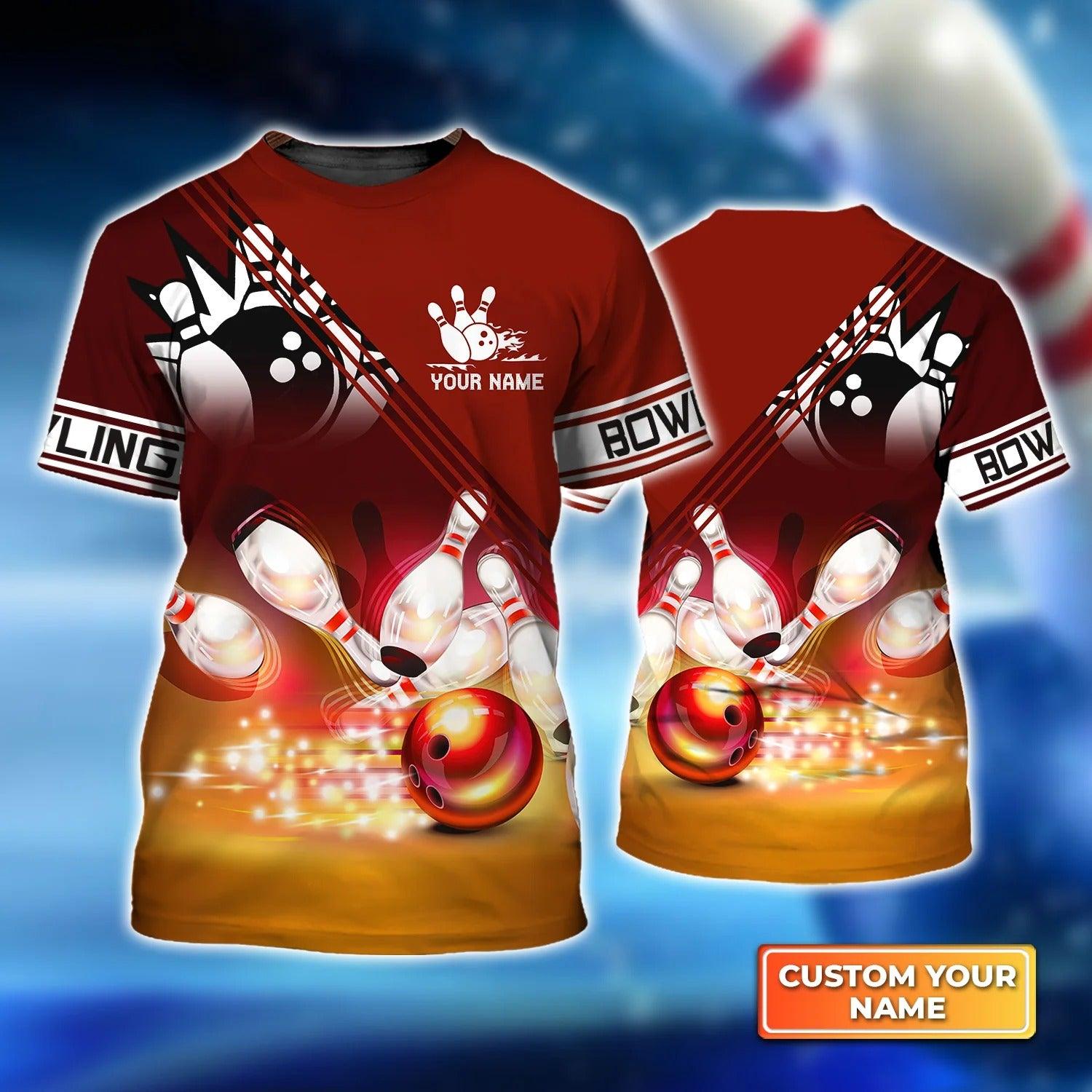 Bowling T shirt Custom Name - Red Bowling Ball Crashing into the Pins Personalized T-shirt - Gift For Friend, Family, Bowling Lovers - Amzanimalsgift