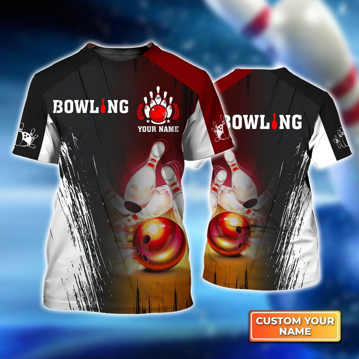 Bowling T shirt Custom Name - Red Bowling Ball Crashing Pins Personalized T-shirt - Gift For Friend, Family, Bowling Lovers - Amzanimalsgift