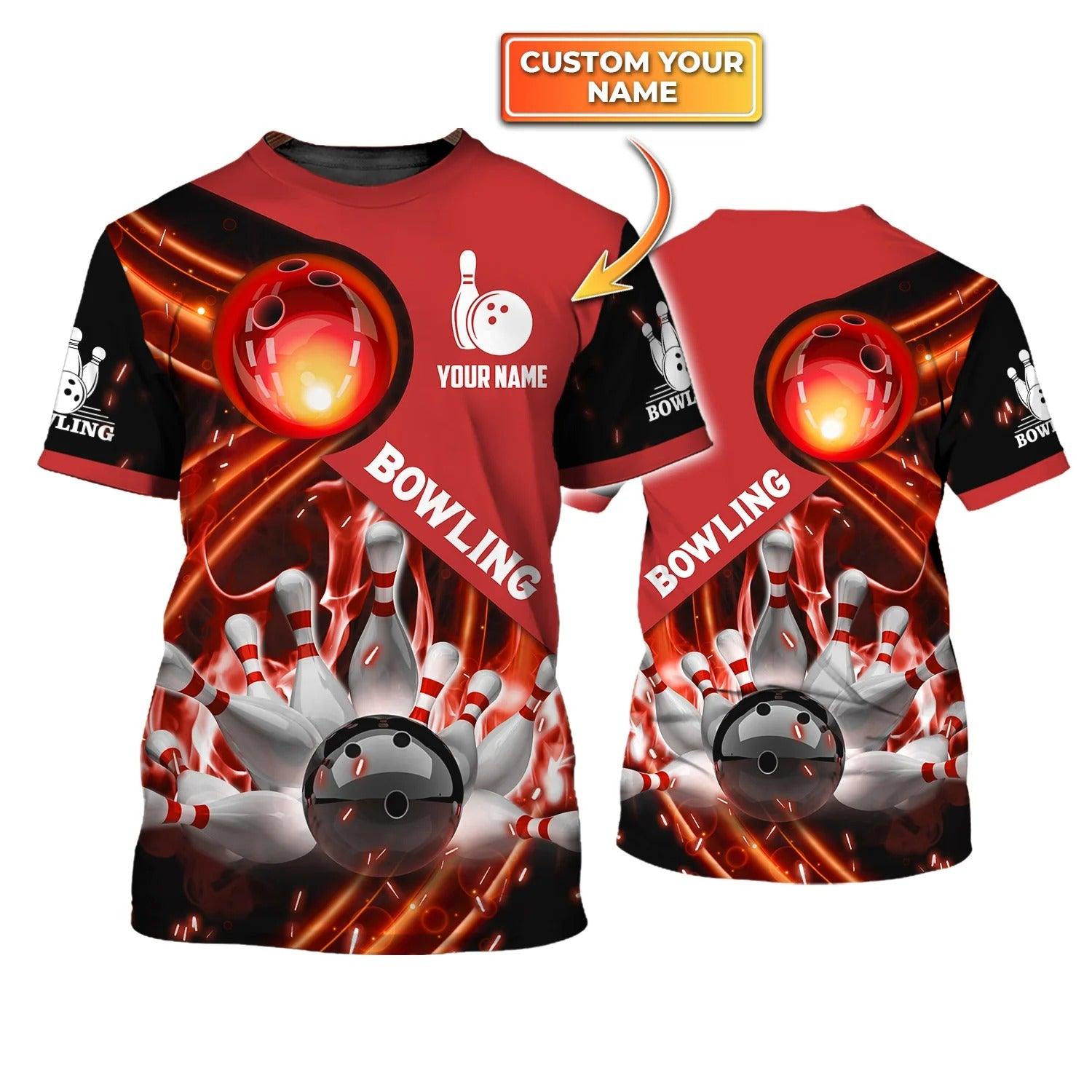 Bowling T shirt Custom Name - Red Bowling Ball In Fire Personalized T-shirt - Gift For Friend, Family, Bowling Lovers - Amzanimalsgift