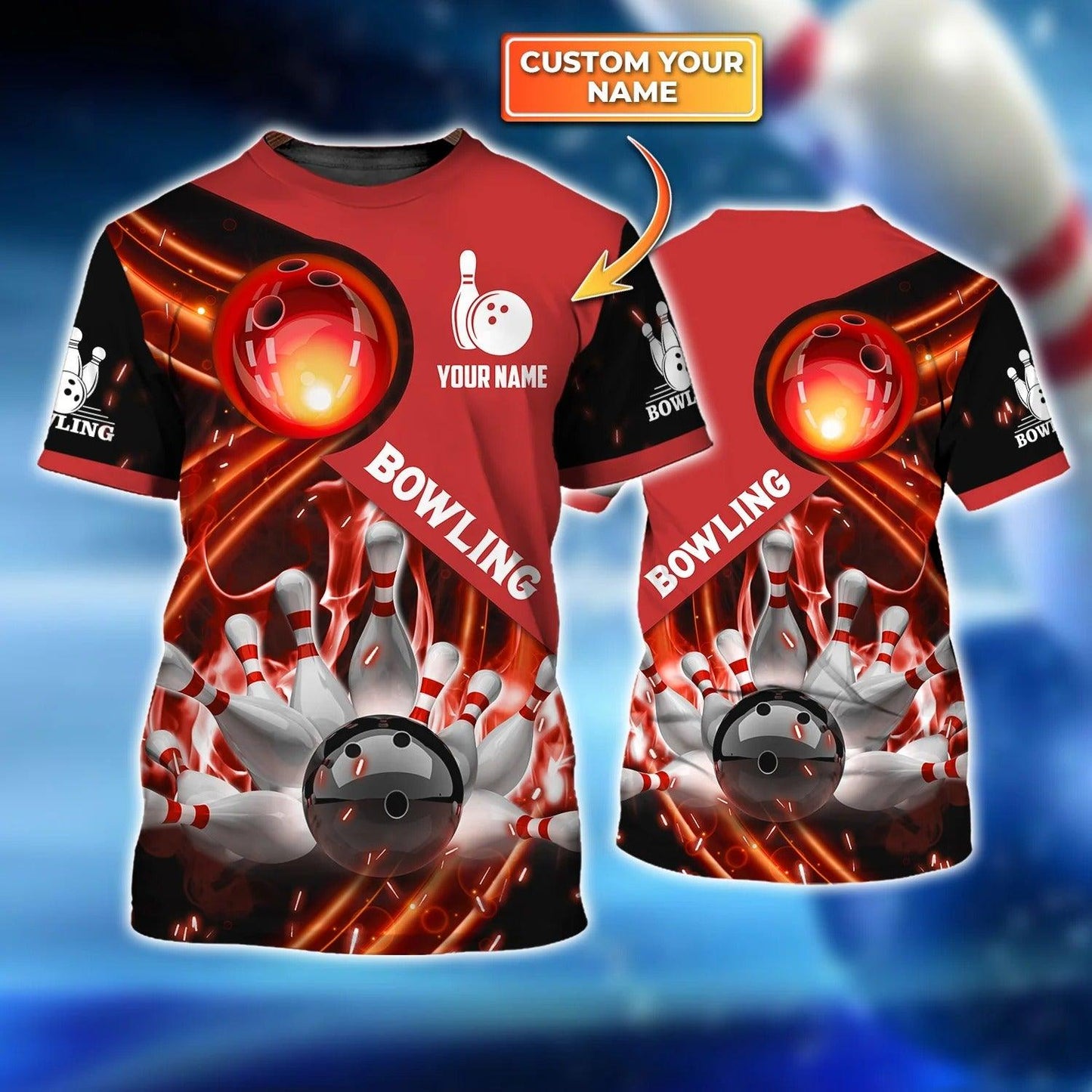Bowling T shirt Custom Name - Red Bowling Ball In Fire Personalized T-shirt - Gift For Friend, Family, Bowling Lovers - Amzanimalsgift