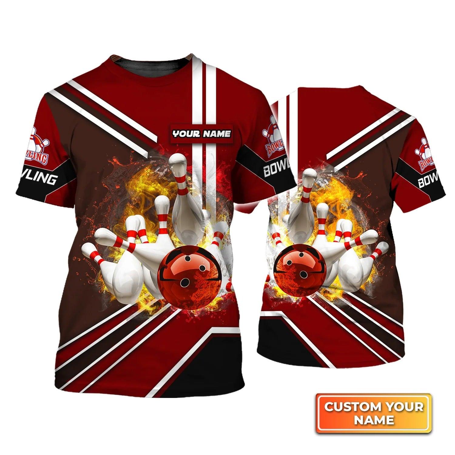 Bowling T shirt Custom Name - Red Bowling Ball On Fire Crashing Pins Personalized T-shirt - Gift For Friend, Family, Bowling Lovers - Amzanimalsgift