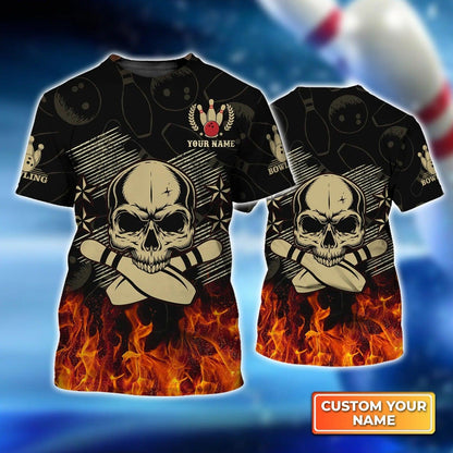 Bowling T shirt Custom Name - Skull Bowling In Fire Personalized T-shirt - Gift For Friend, Family, Bowling Lovers - Amzanimalsgift