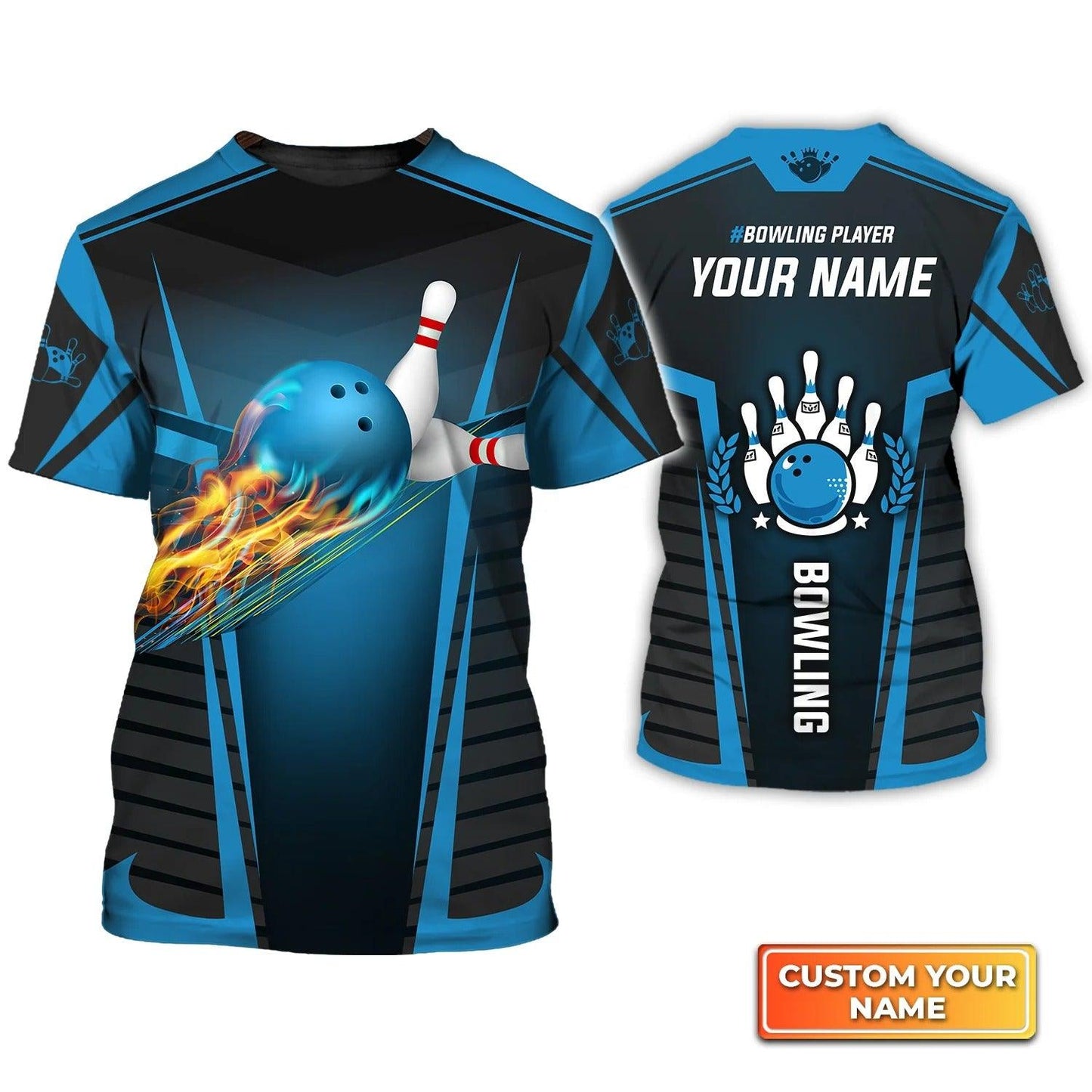 Bowling T shirt Custom Name - The Blue Bowling Ball in Flames Breaks White Skittles Personalized T-shirt - Gift For Friend, Family, Bowling Lovers - Amzanimalsgift