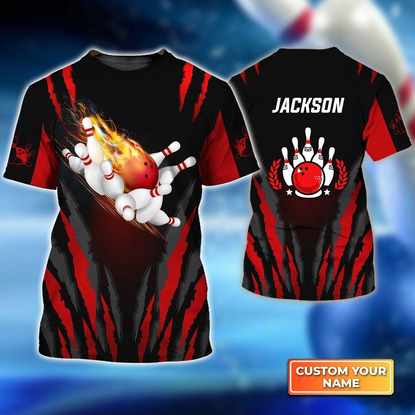Bowling T shirt Custom Name - The Red Bowling Ball in Flames Breaks White Skittles Personalized T-shirt - Gift For Friend, Family, Bowling Lovers - Amzanimalsgift