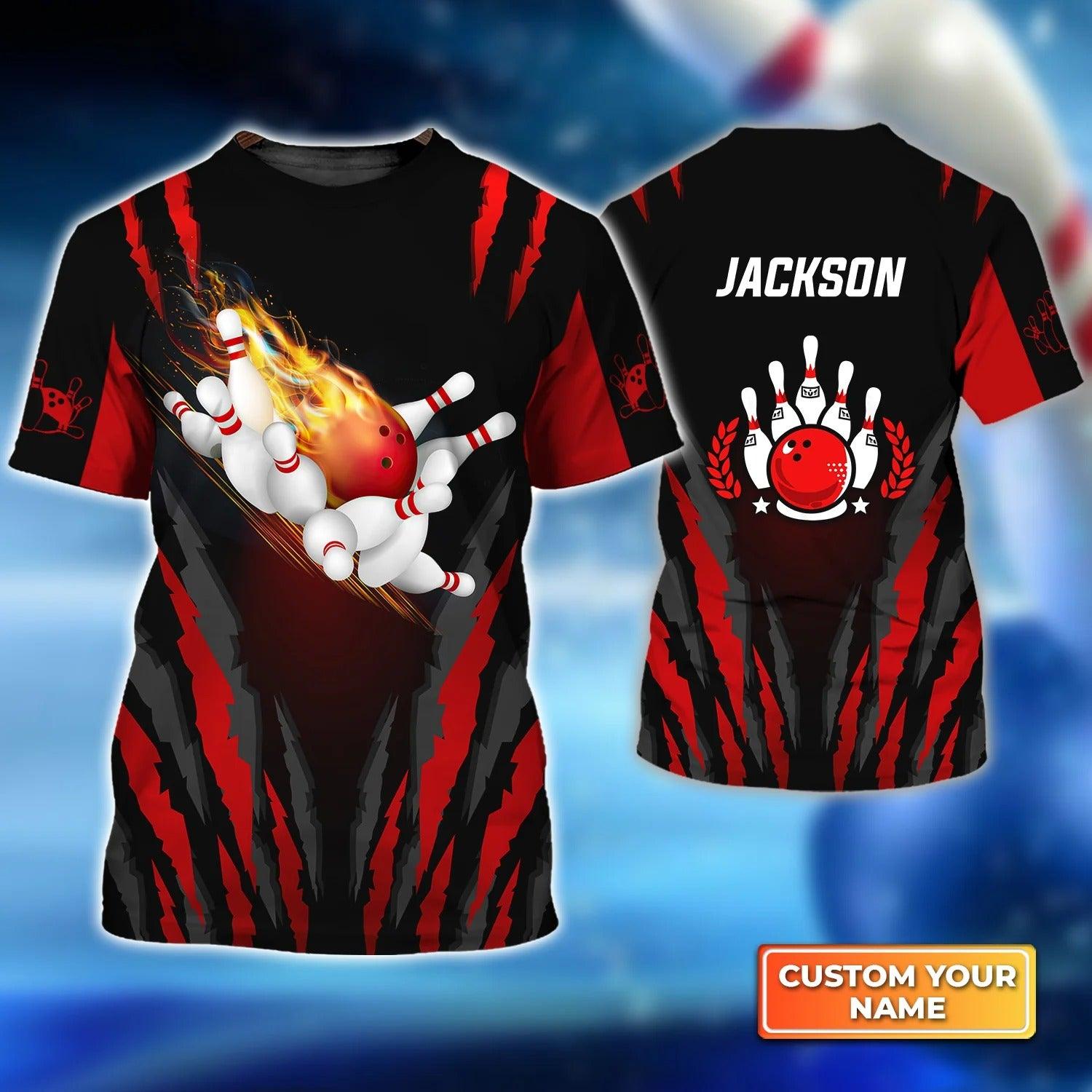 Bowling T shirt Custom Name - The Red Bowling Ball in Flames Breaks White Skittles Personalized T-shirt - Gift For Friend, Family, Bowling Lovers - Amzanimalsgift