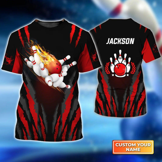 Bowling T shirt Custom Name - The Red Bowling Ball in Flames Breaks White Skittles Personalized T-shirt - Gift For Friend, Family, Bowling Lovers - Amzanimalsgift