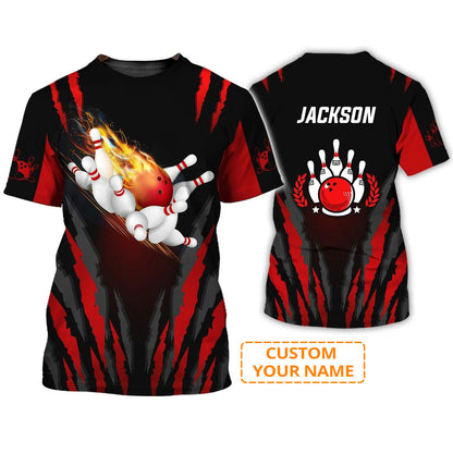 Bowling T shirt Custom Name - The Red Bowling Ball in Flames Breaks White Skittles Personalized T-shirt - Gift For Friend, Family, Bowling Lovers