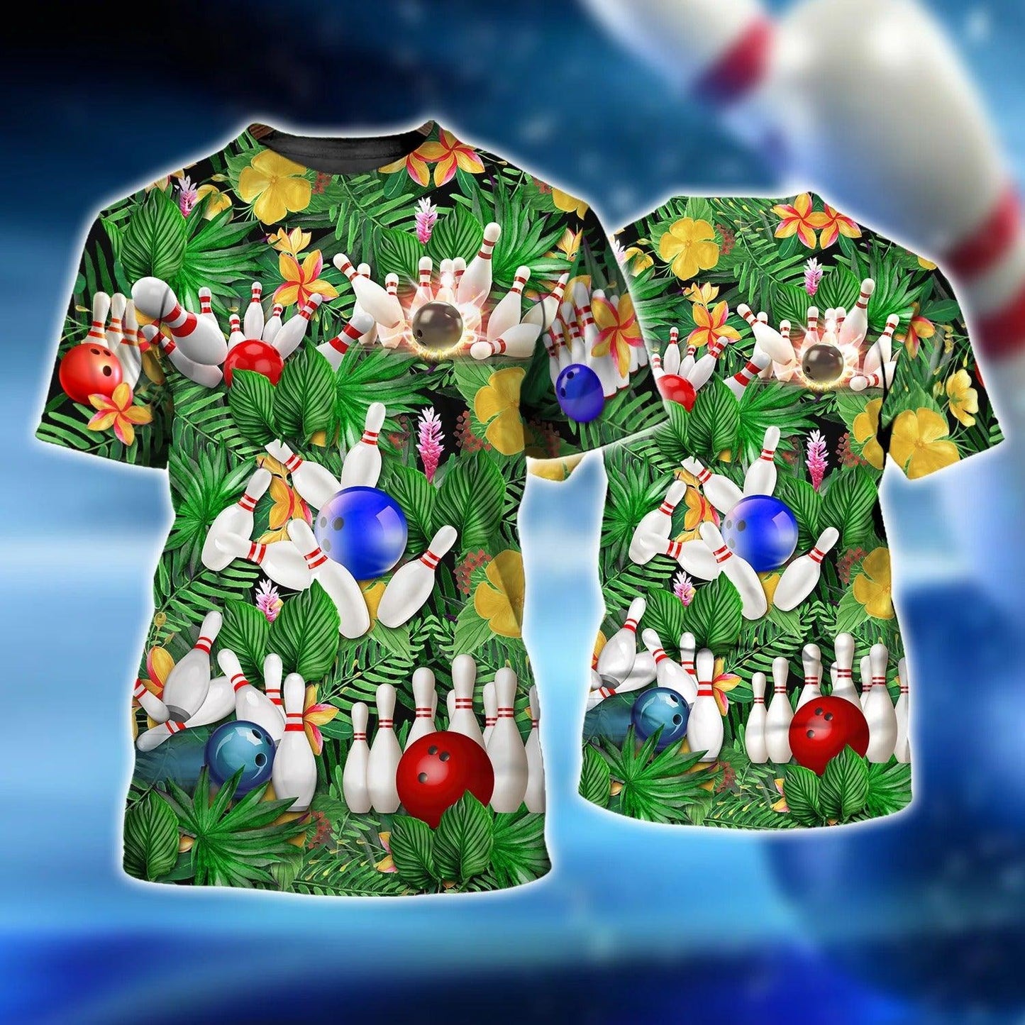 Bowling T shirt - Multiple Bowl And Ball In Flower Hawaii Pattern T-shirt - Gift For Friend, Family, Bowling Lovers - Amzanimalsgift