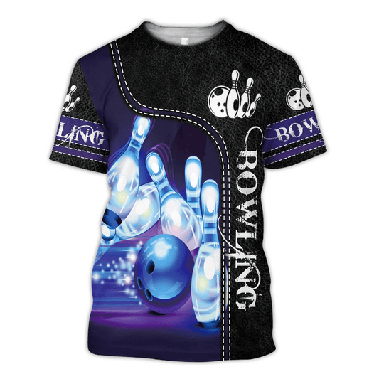 Bowling T Shirt, Team Uniform Bowling Player 3D Shirt, Blue Black Leather Pattern For Men - Perfect Gift For Bowling Lovers. Bowling Players - Amzanimalsgift