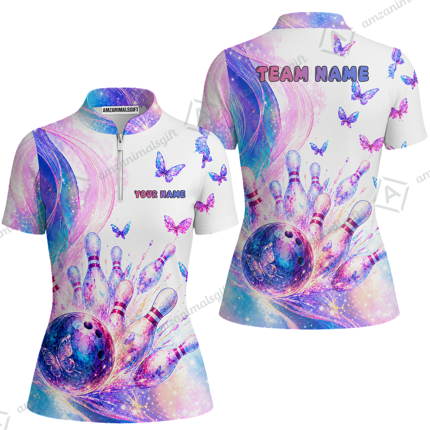 Custom Bowling Jersey Polo Shirt, Bowling Dart Butterfly, Personalize Name and Team Name