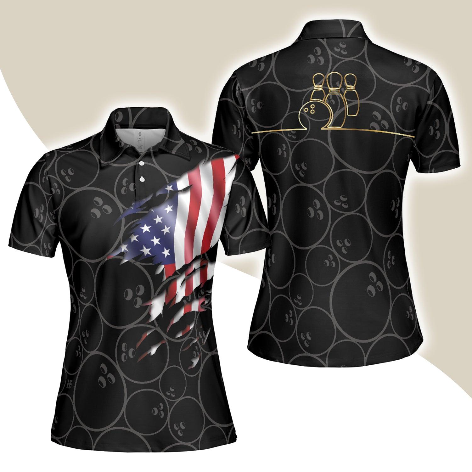 Bowling Women Polo Shirt - American Flag With Bowling Pattern, Patriotic Golfing Bowling Polo Shirt - Gift For Friend, Family, Bowling Lovers - Amzanimalsgift