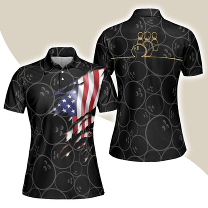 Bowling Women Polo Shirt - American Flag With Bowling Pattern, Patriotic Golfing Bowling Polo Shirt - Gift For Friend, Family, Bowling Lovers - Amzanimalsgift