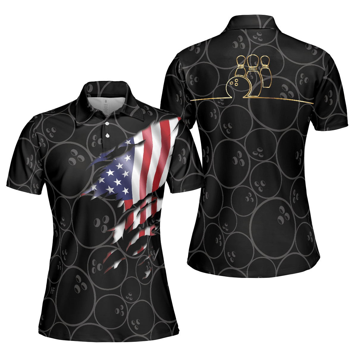 Bowling Women Polo Shirt - American Flag With Bowling Pattern, Patriotic Golfing Bowling Polo Shirt - Gift For Friend, Family, Bowling Lovers - Amzanimalsgift