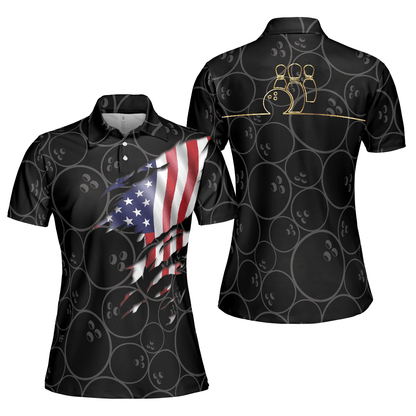 Bowling Women Polo Shirt - American Flag With Bowling Pattern, Patriotic Golfing Bowling Polo Shirt - Gift For Friend, Family, Bowling Lovers - Amzanimalsgift