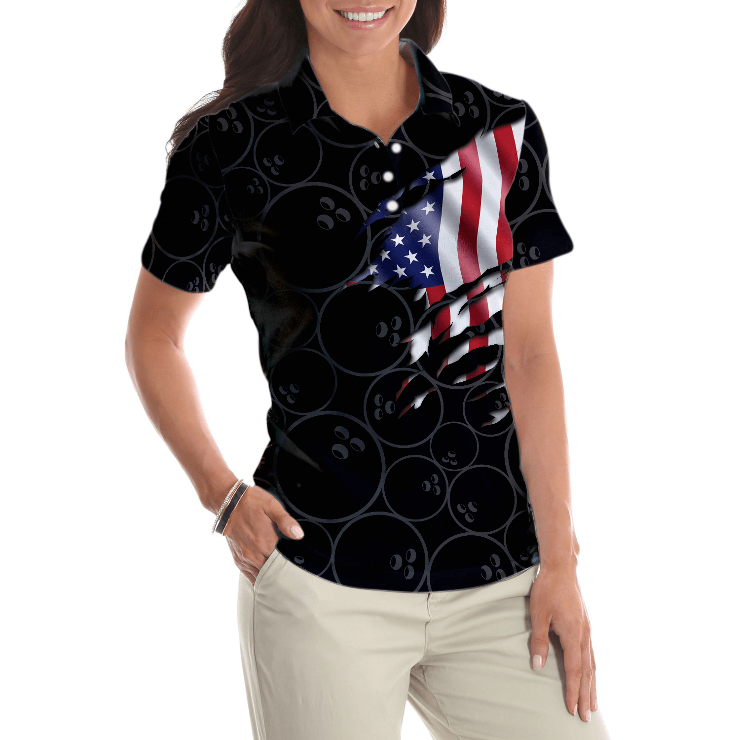 Bowling Women Polo Shirt - American Flag With Bowling Pattern, Patriotic Golfing Bowling Polo Shirt - Gift For Friend, Family, Bowling Lovers - Amzanimalsgift