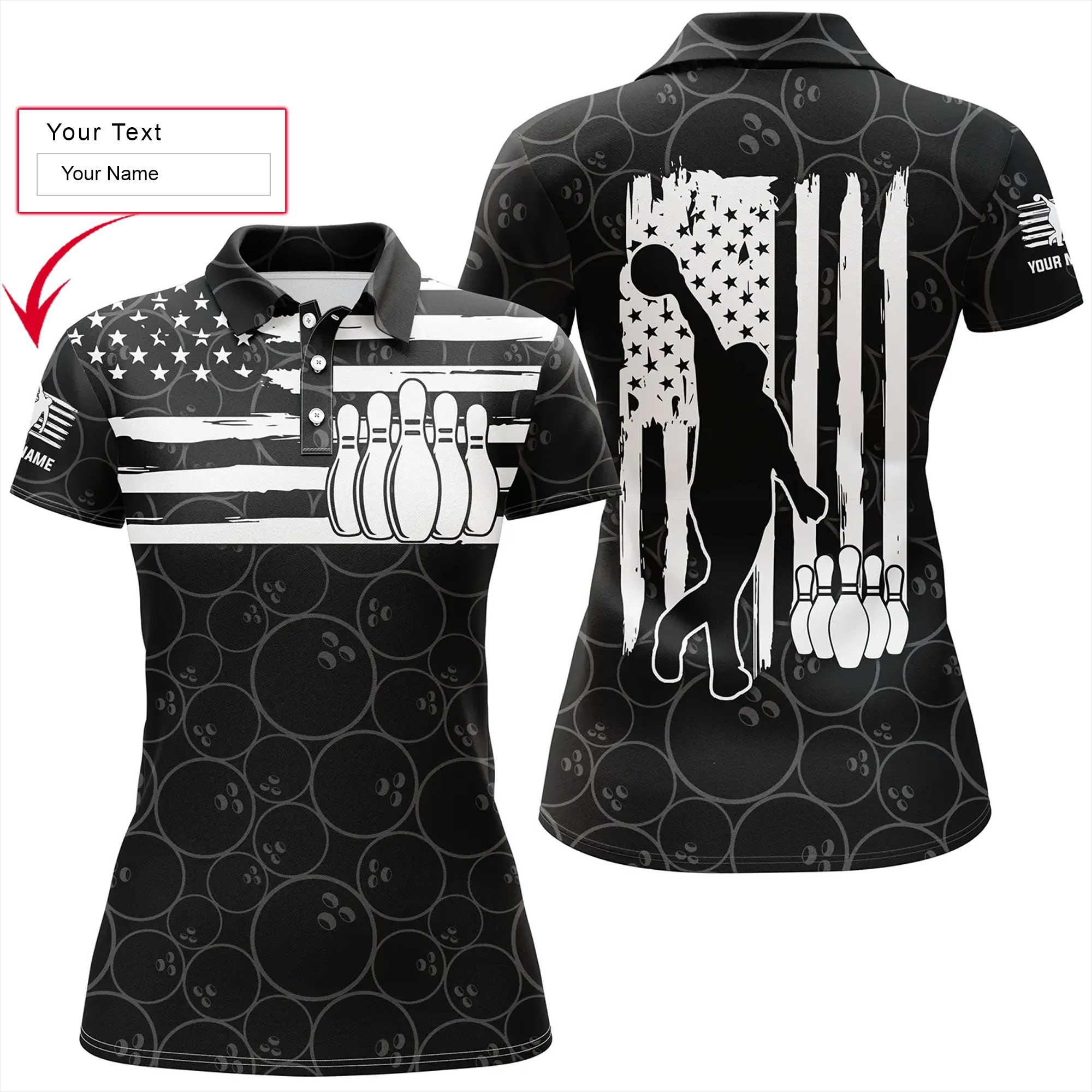 Bowling Women Polo Shirt Custom Name - American Flag Black Bowling Pattern Personalized Bowling Polo Shirt - Gift For Friend, Family, Bowling Lovers - Amzanimalsgift