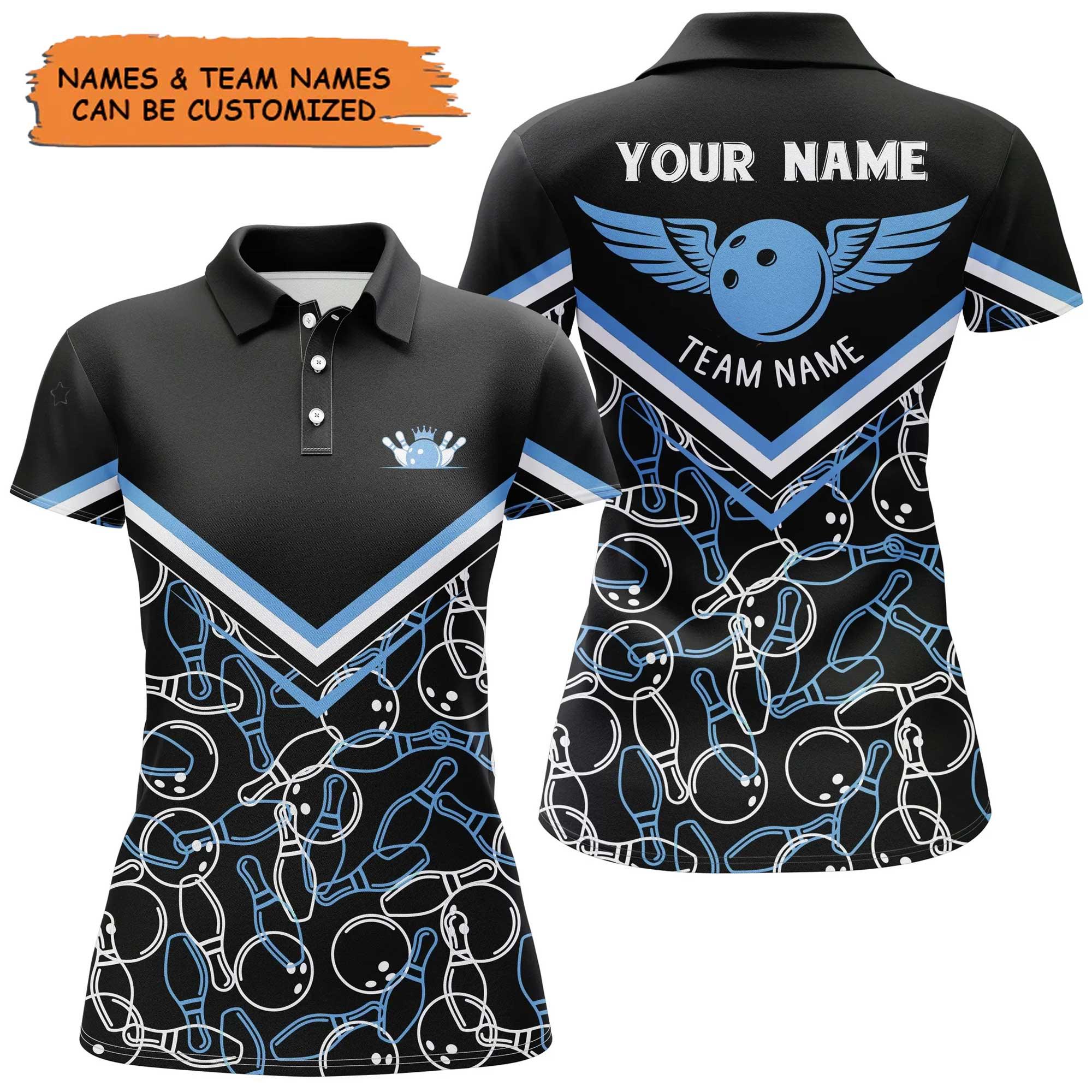 Bowling Women Polo Shirt Custom Name - Black Blue Bowling Girl Personalized Bowling Polo Shirt - Gift For Friend, Family, Bowling Lovers - Amzanimalsgift
