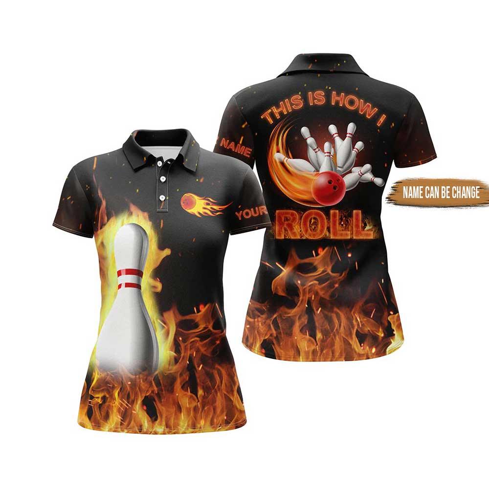 Bowling Women Polo Shirt Custom Name - Black Flame Bowling Shirt Personalized Bowling Polo Shirt - Gift For Friend, Family, Bowling Lovers - Amzanimalsgift