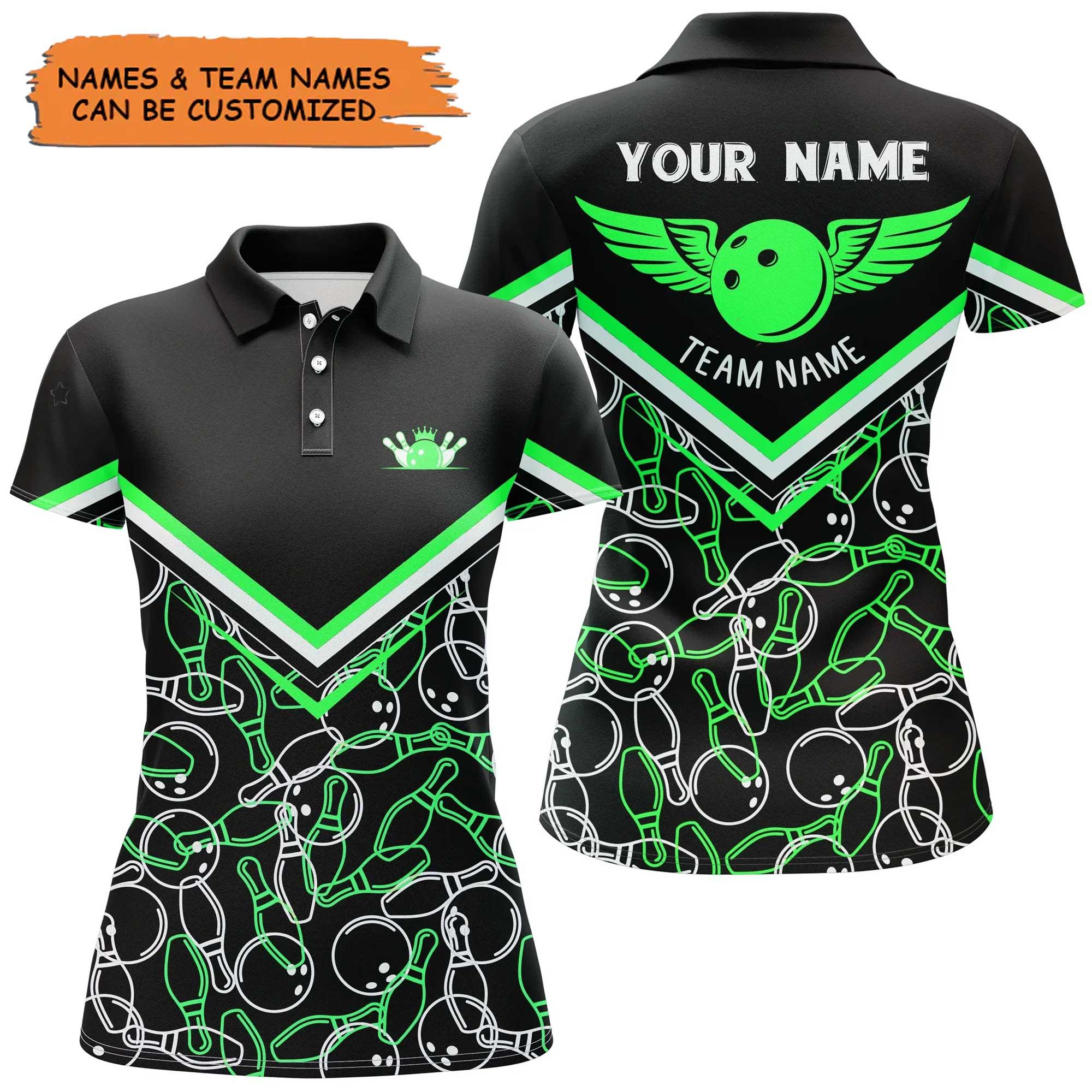Bowling Women Polo Shirt Custom Name - Black Green Bowling Girl Personalized Bowling Polo Shirt - Gift For Friend, Family, Bowling Lovers - Amzanimalsgift