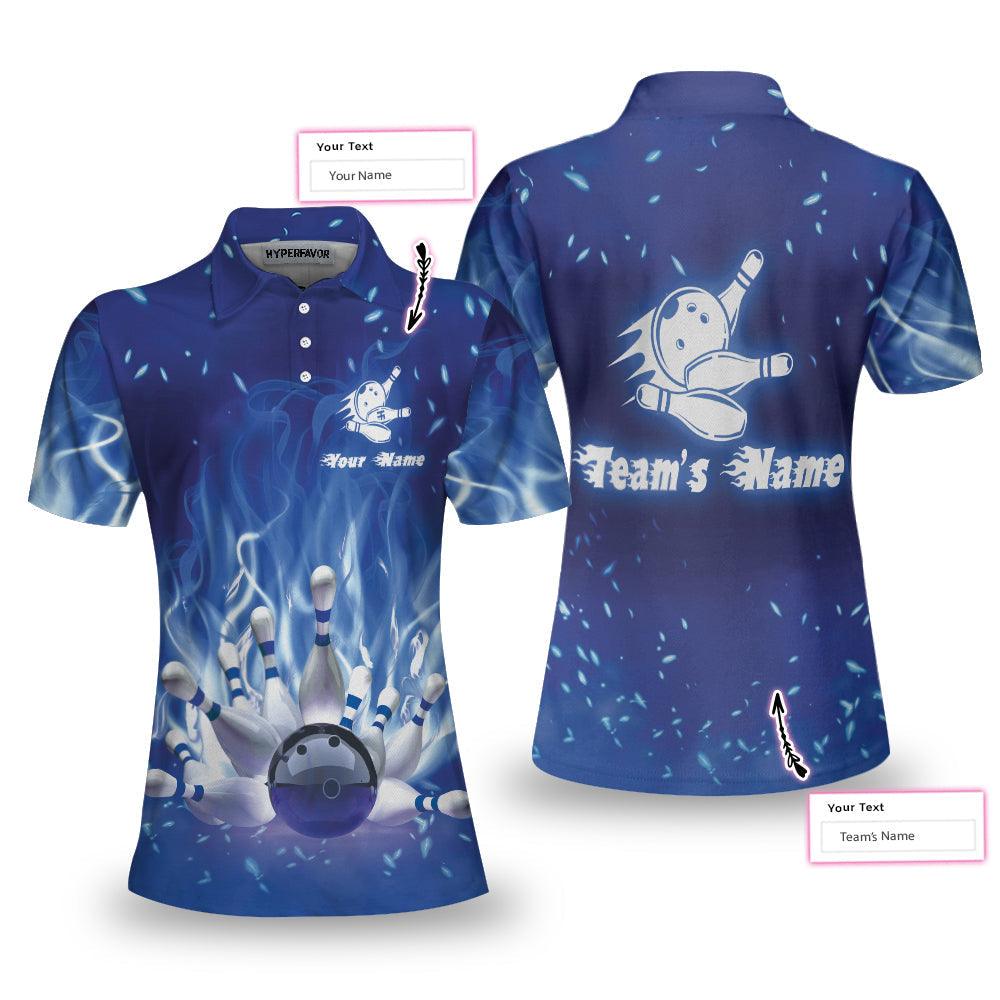 Bowling Women Polo Shirt Custom Name - Bowling On Blue Fire Bowling Polo Shirt - Gift For Wife, Family, Bowling Lovers - Amzanimalsgift