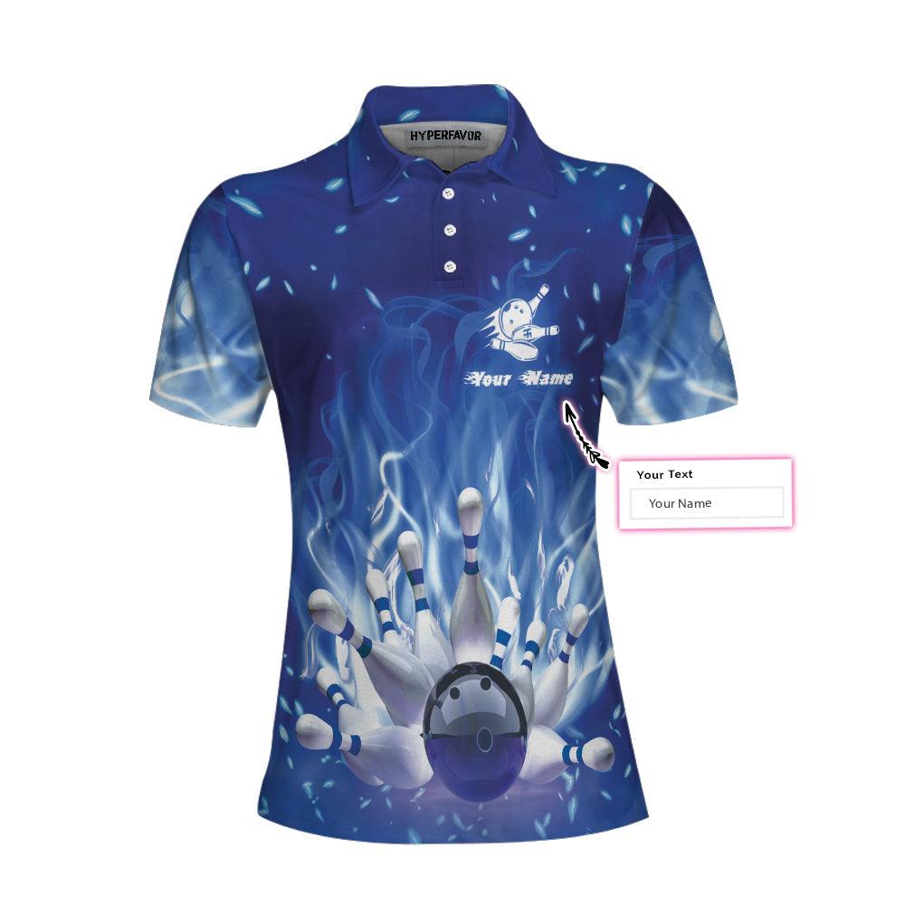 Bowling Women Polo Shirt Custom Name - Bowling On Blue Fire Bowling Polo Shirt - Gift For Wife, Family, Bowling Lovers - Amzanimalsgift