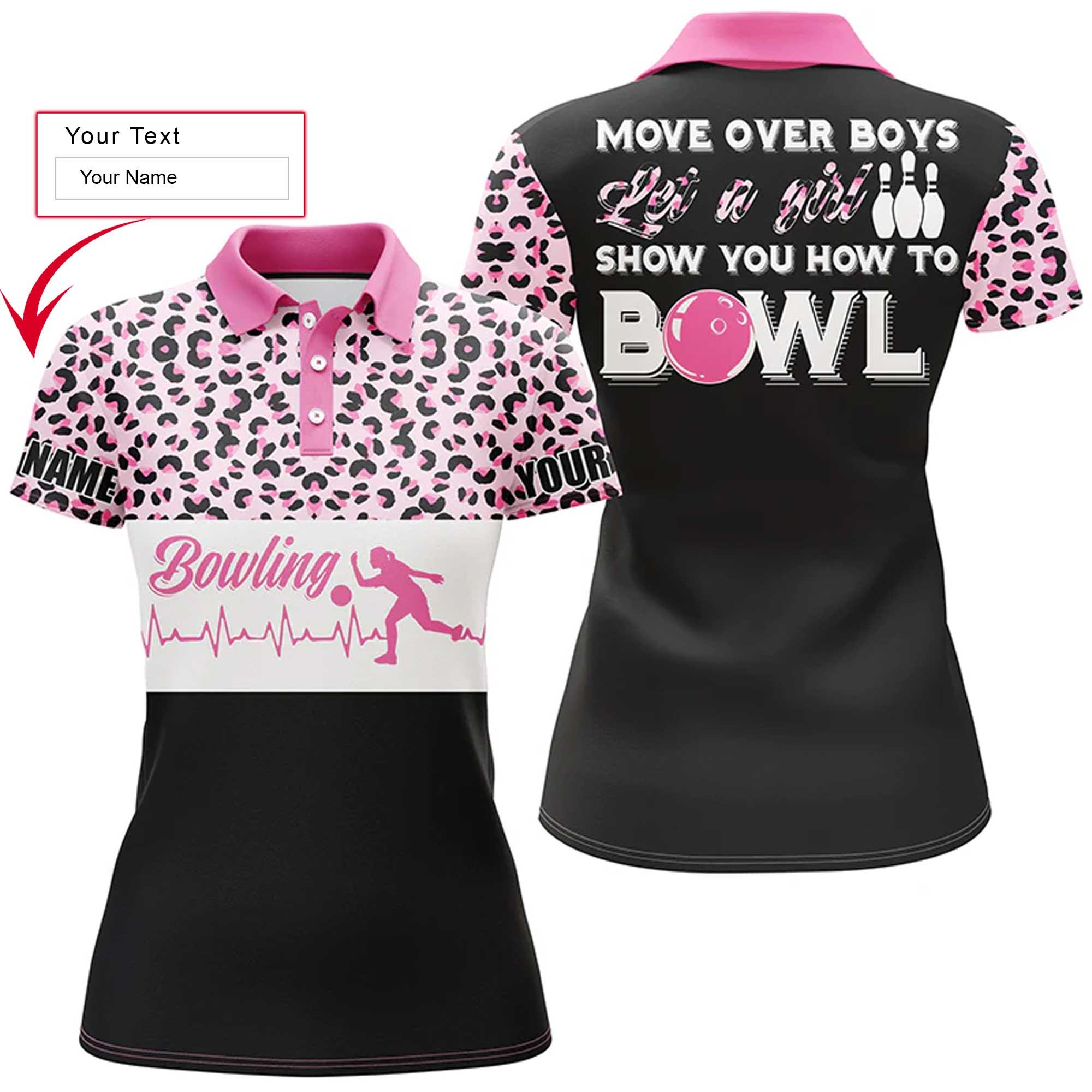 Bowling Women Polo Shirt Custom Name - Bowling Pink Leopard Personalized Bowling Polo Shirt - Gift For Friend, Family, Bowling Lovers - Amzanimalsgift