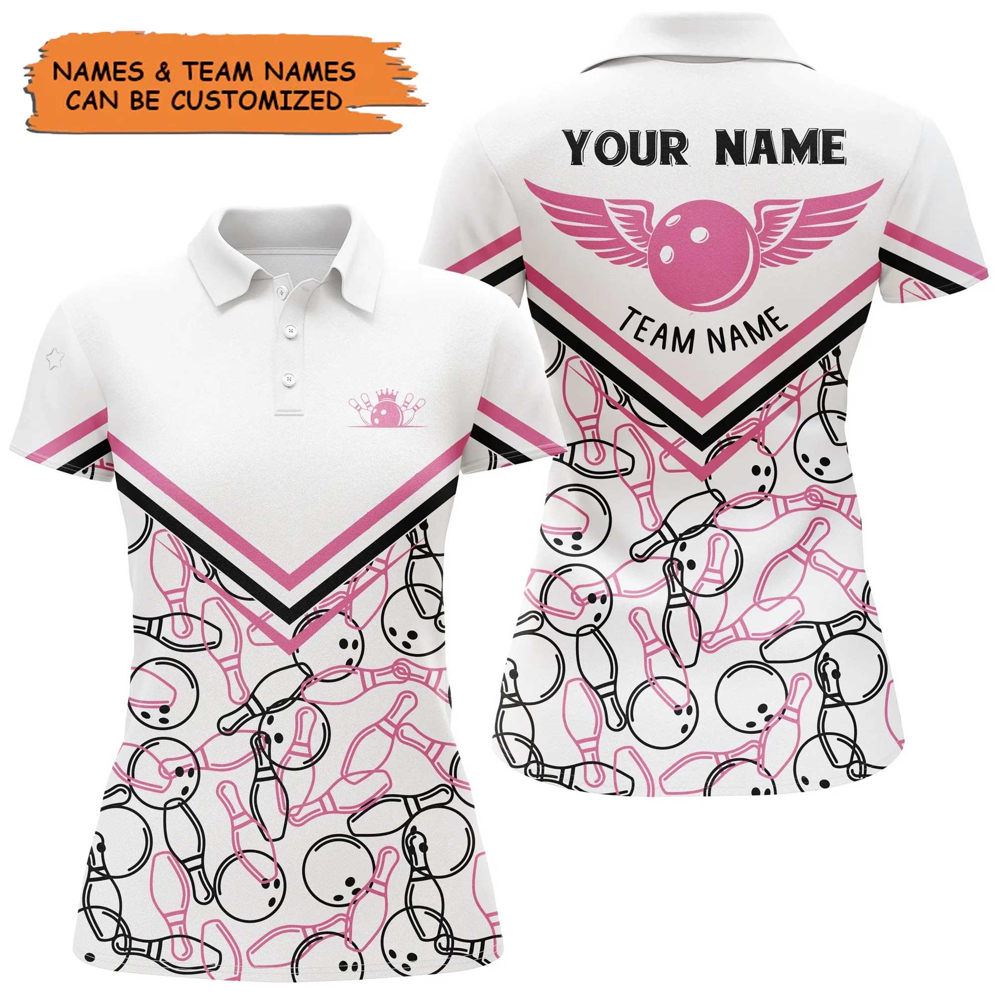 Bowling Women Polo Shirt Custom Name - Bowling White Pink Personalized Bowling Polo Shirt - Gift For Friend, Family, Bowling Lovers - Amzanimalsgift