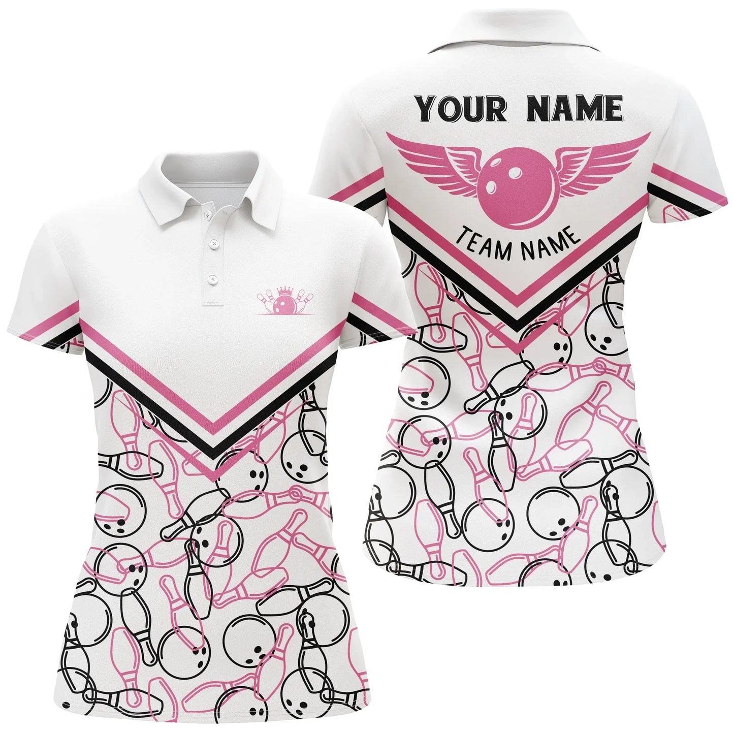 Bowling Women Polo Shirt Custom Name - Bowling White Pink Personalized Bowling Polo Shirt - Gift For Friend, Family, Bowling Lovers - Amzanimalsgift
