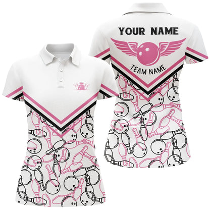 Bowling Women Polo Shirt Custom Name - Bowling White Pink Personalized Bowling Polo Shirt - Gift For Friend, Family, Bowling Lovers - Amzanimalsgift
