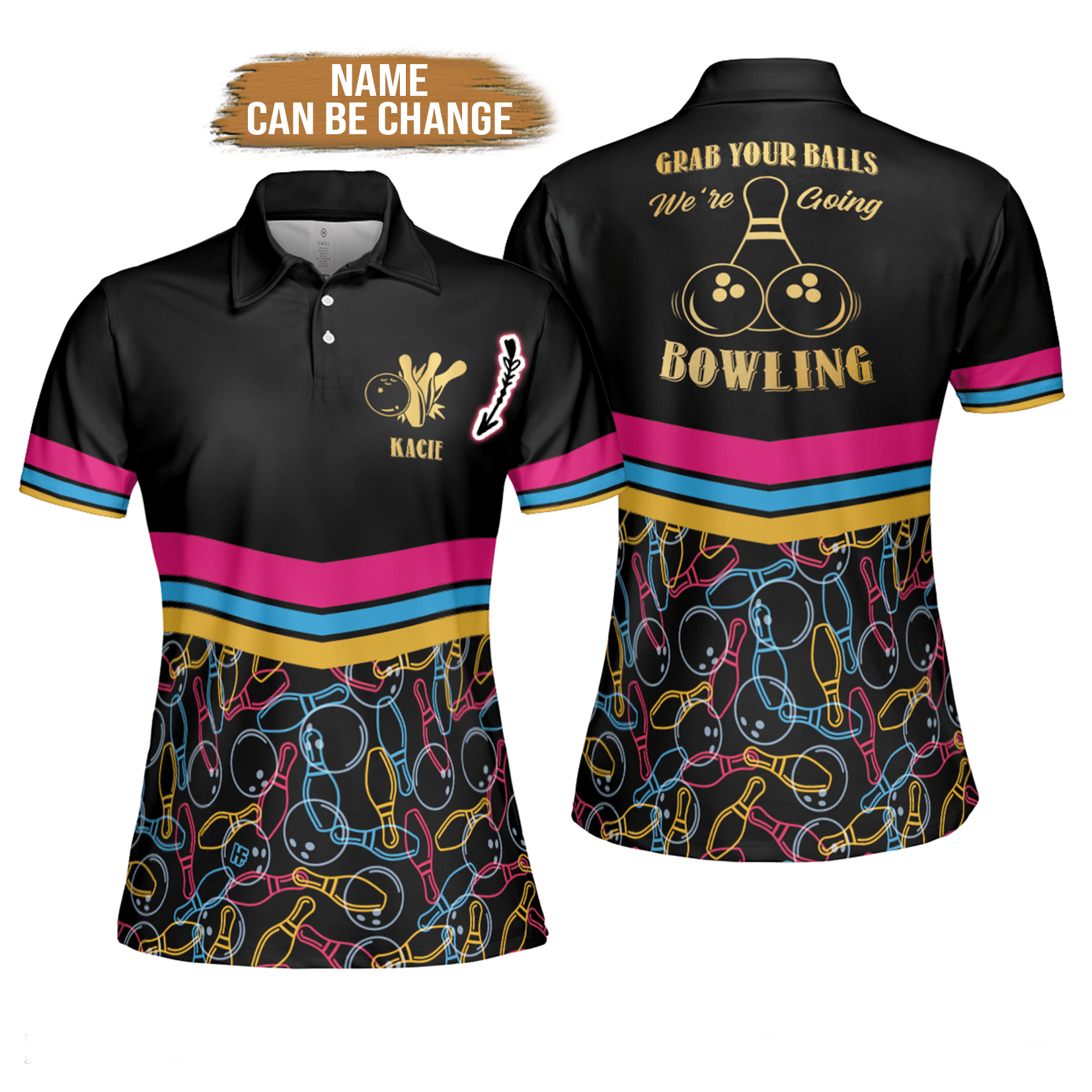 Bowling Women Polo Shirt Custom Name , Grab Your Balls We're Going Bowling Personalized Bowling Polo Shirts - Gift For Wife, Family, Girlfriend - Amzanimalsgift