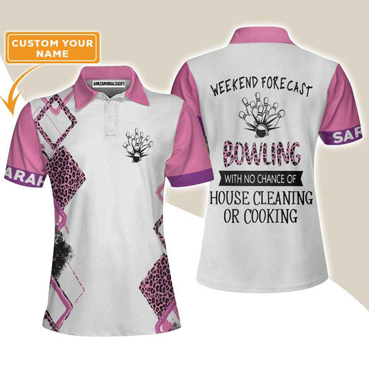 Bowling Women Polo Shirt Custom Name - Pink Leopard Personalized Bowling Polo Shirt - Gift For Wife, Family, Bowling Lovers - Best Bowling Polo Shirts Gift For Women - Amzanimalsgift