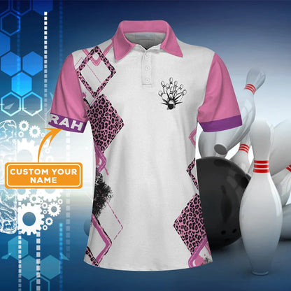 Bowling Women Polo Shirt Custom Name - Pink Leopard Personalized Bowling Polo Shirt - Gift For Wife, Family, Bowling Lovers - Best Bowling Polo Shirts Gift For Women - Amzanimalsgift