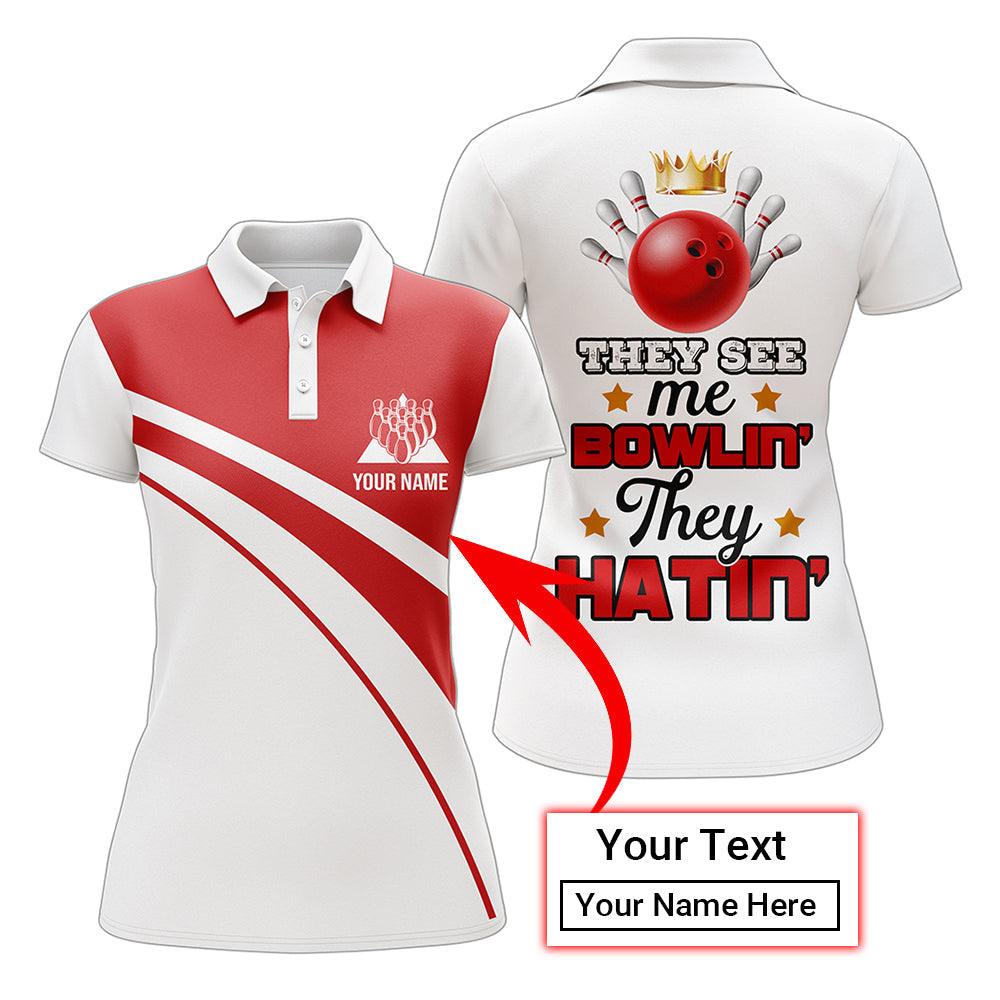 Bowling Women Polo Shirt Custom Name - Red And White Bowling Personalized Bowling Polo Shirt - Gift For Friend, Family, Bowling Lovers - Amzanimalsgift