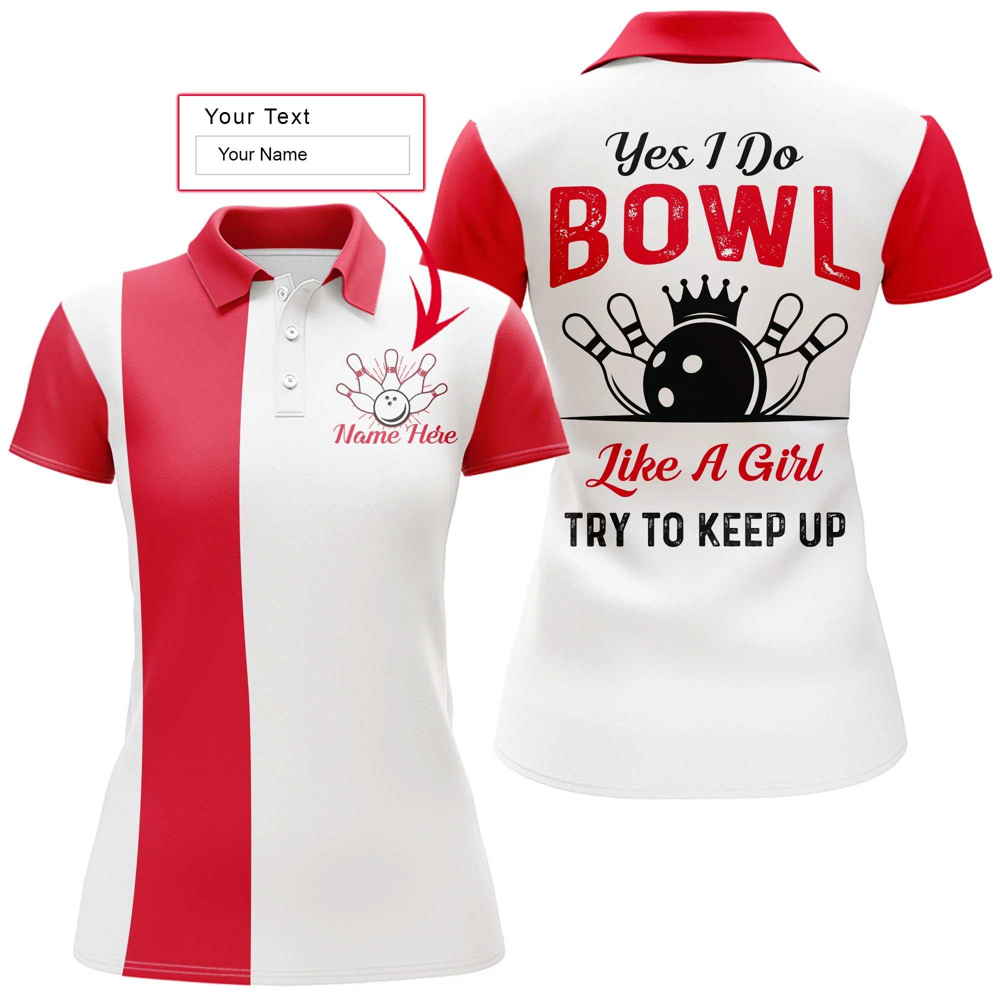 Bowling Women Polo Shirt Custom Name - Red And White Bowling Personalized Bowling Polo Shirt - Gift For Friend, Family, Bowling Lovers - Amzanimalsgift