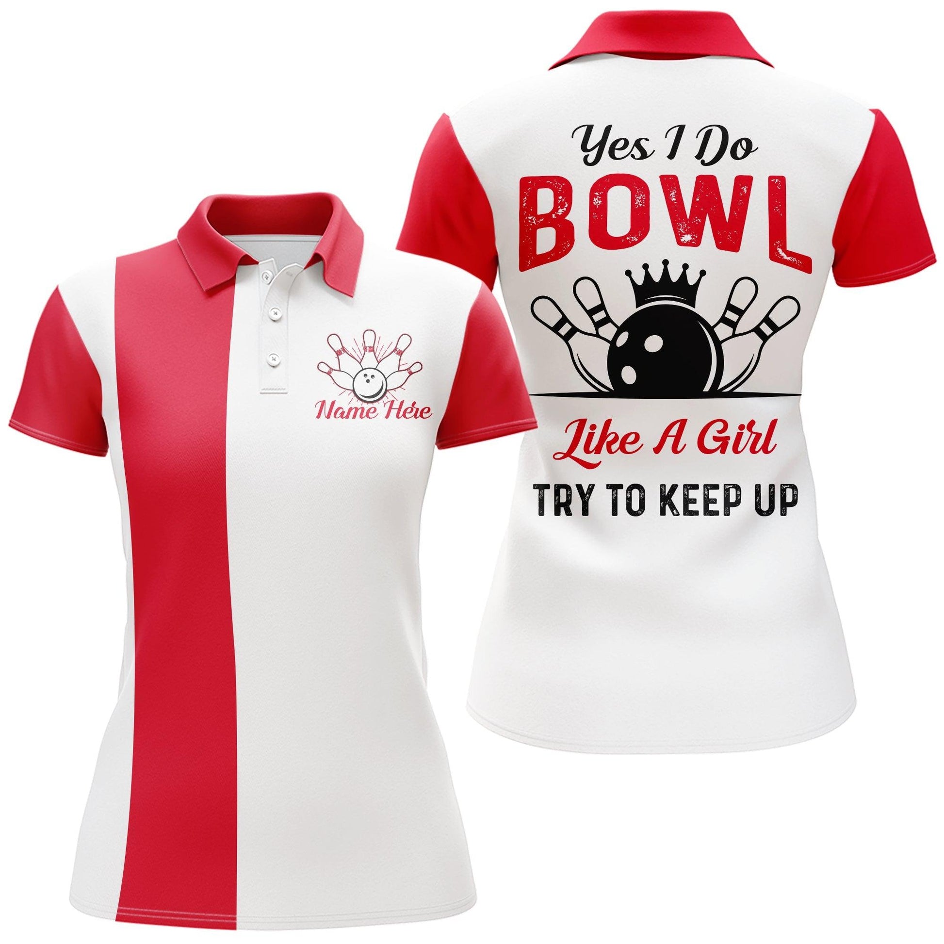 Bowling Women Polo Shirt Custom Name - Red And White Bowling Personalized Bowling Polo Shirt - Gift For Friend, Family, Bowling Lovers - Amzanimalsgift