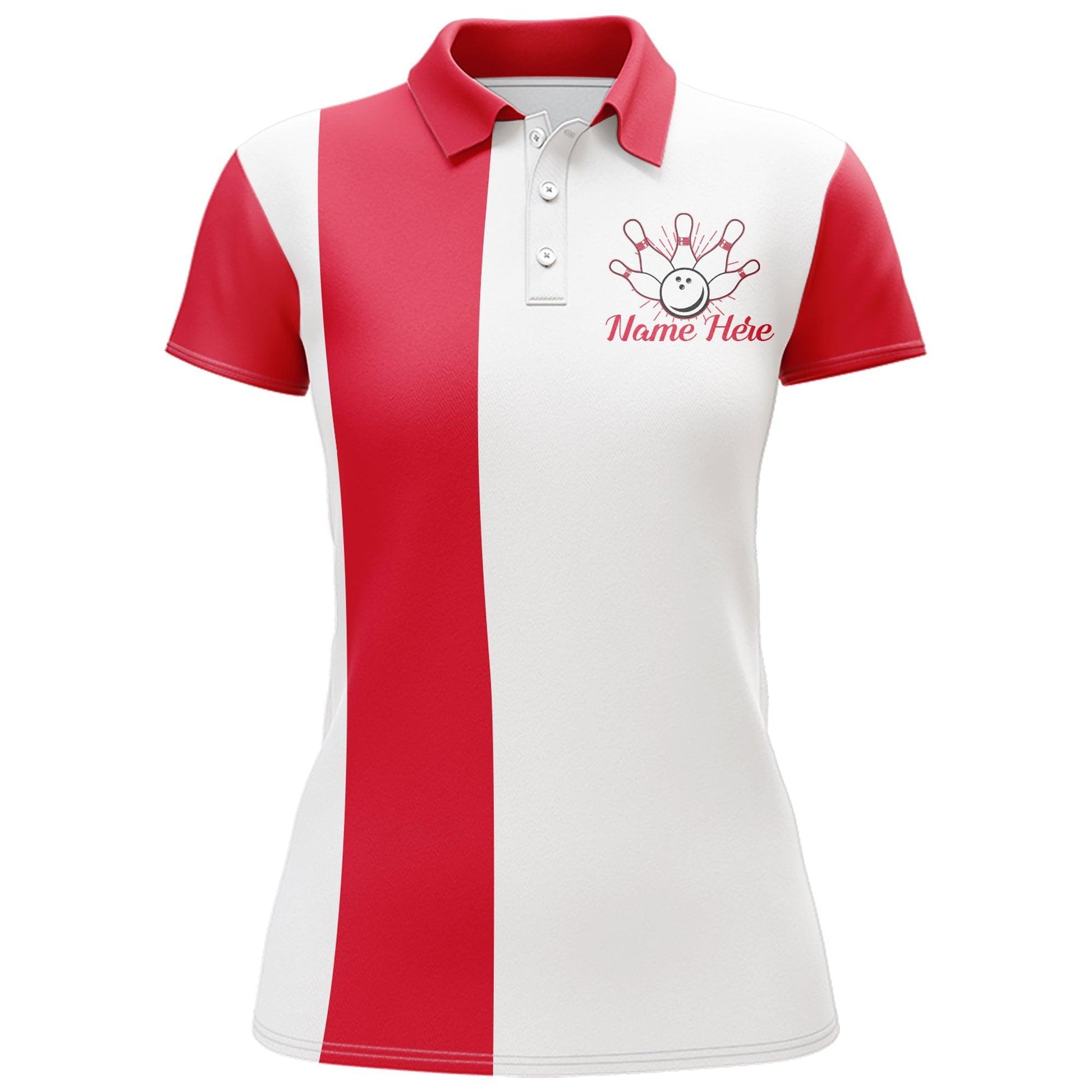 Bowling Women Polo Shirt Custom Name - Red And White Bowling Personalized Bowling Polo Shirt - Gift For Friend, Family, Bowling Lovers - Amzanimalsgift